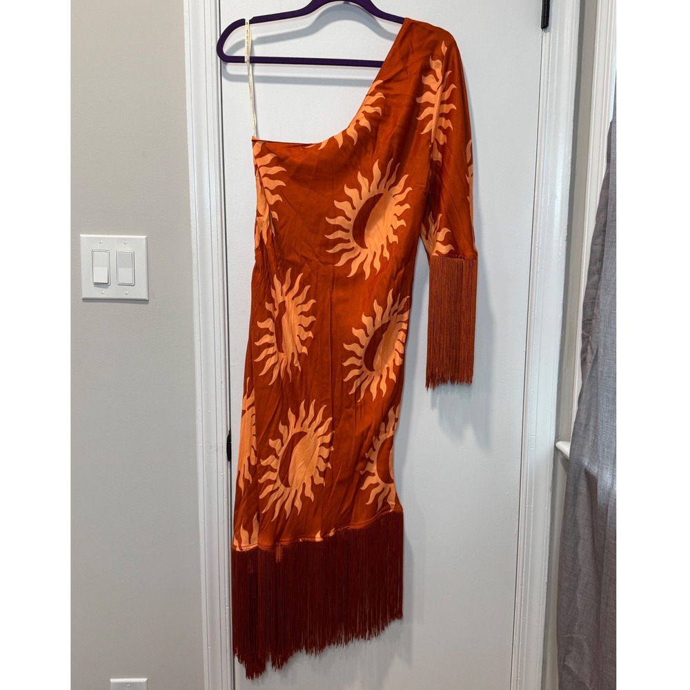 Farm Rio for Anthropologie Sun Motif One Shoulder Fringe Midi Dress Orange L NWT - Picture 10 of 13